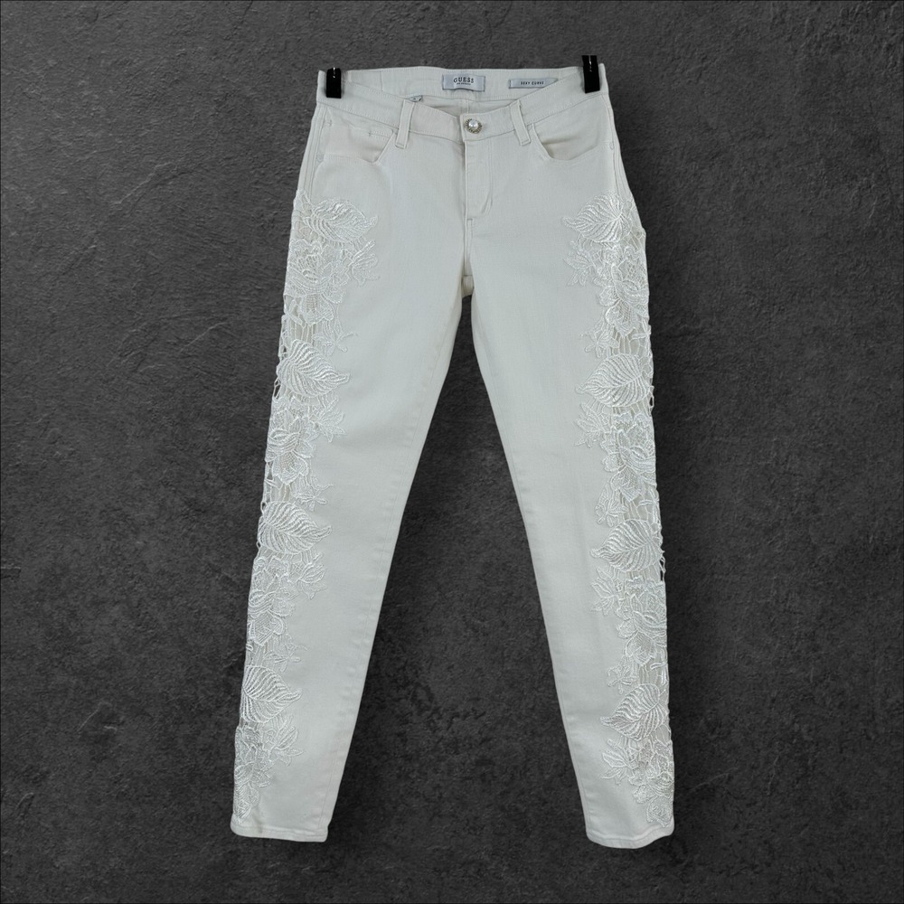 Guess‎ Sexy Curve Jeans Womens 26 White Sheer Lace Side Stretch Skinny Denim